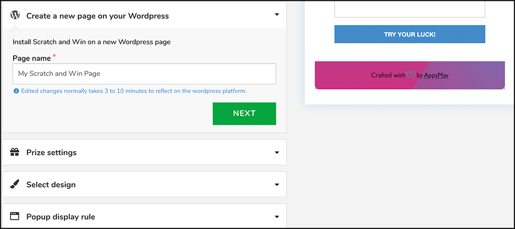 Install wordpress page for Scratch and Win Giveaways