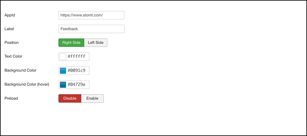 Options tab for feedback form
