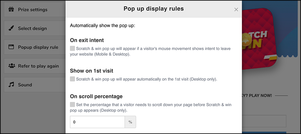 Pop Up display rules for Scratch and Win Giveaways