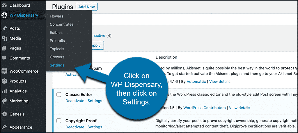 Click on wp dispensary then on settings