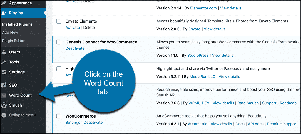 Click word count tab