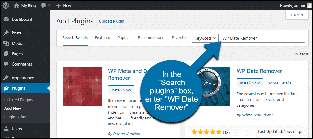 search for the WordPress WP Date Remover plugin