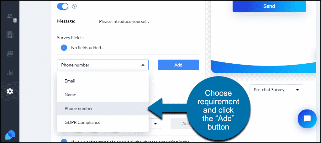 Tidio WordPress plugin select pre-chat survey requirement, click add