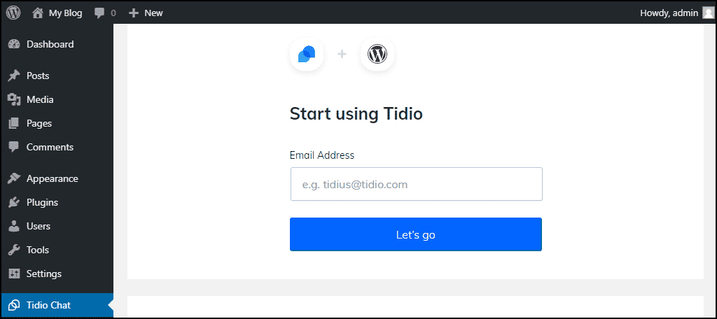 Tidio WordPress plugin enter your email address