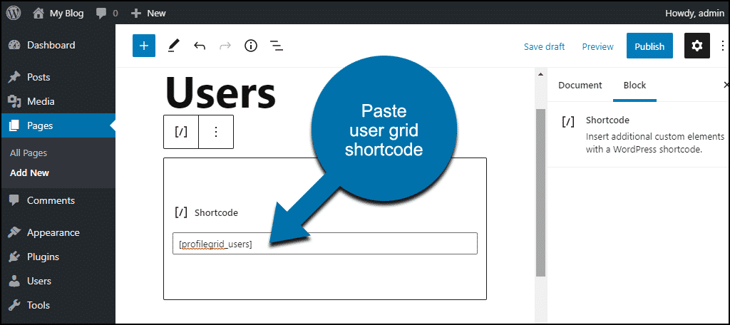ProfileGrid WordPress plugin paste user grid shortcode