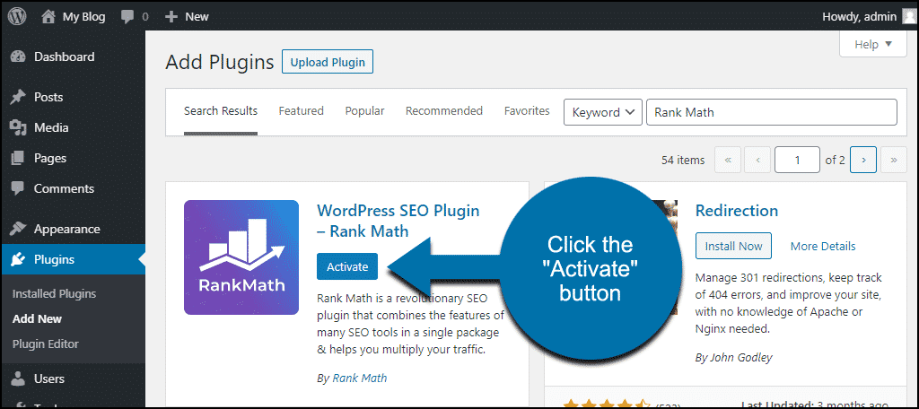 cliquez pour activer le plugin WordPress Rank Math
