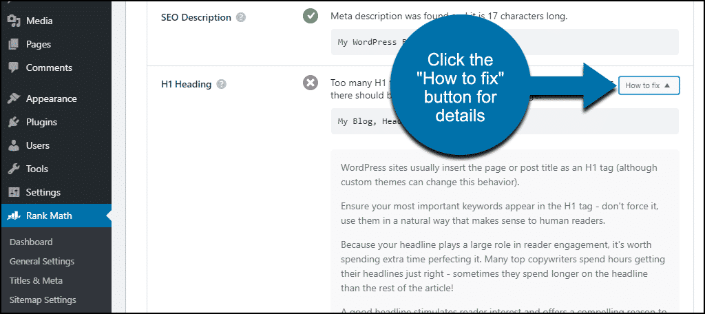 Corrections des résultats de l'analyse SEO du plugin Rank Math WordPress