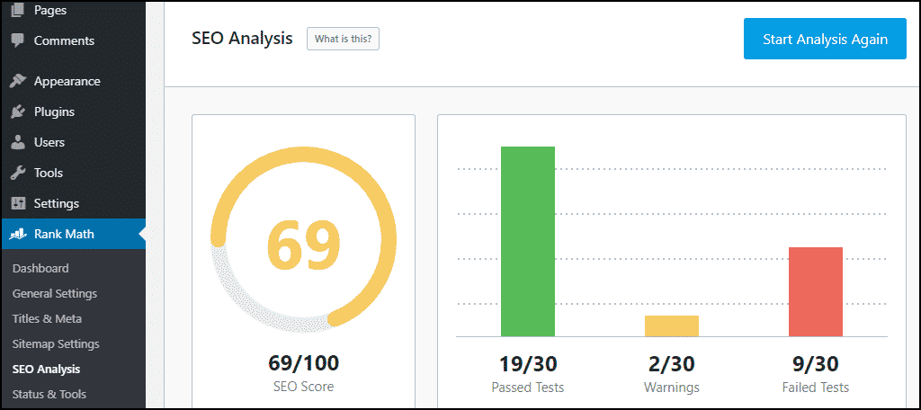 Rank Math WordPress plugin seo analysis results