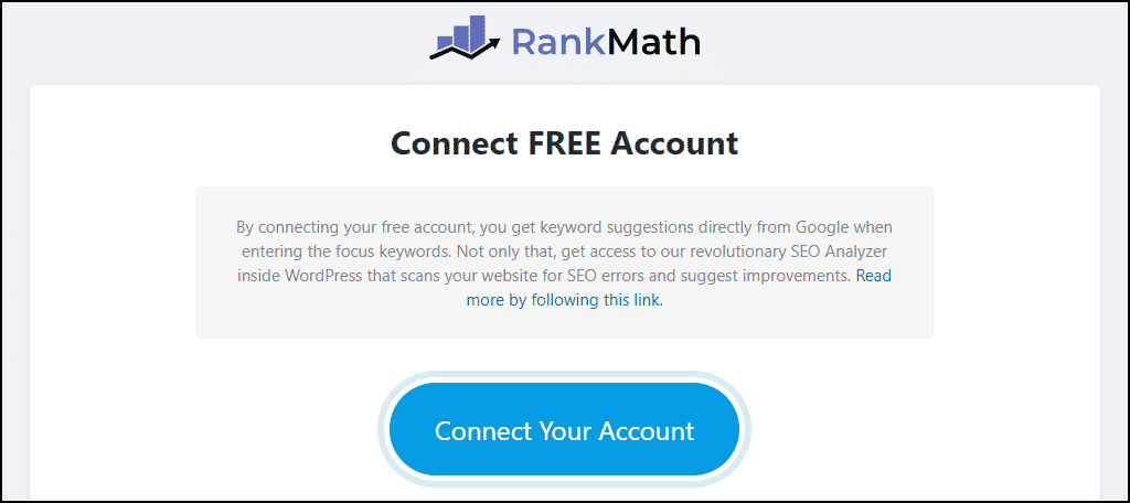 Rank Math WordPress plugin click "Connect Your Account" button