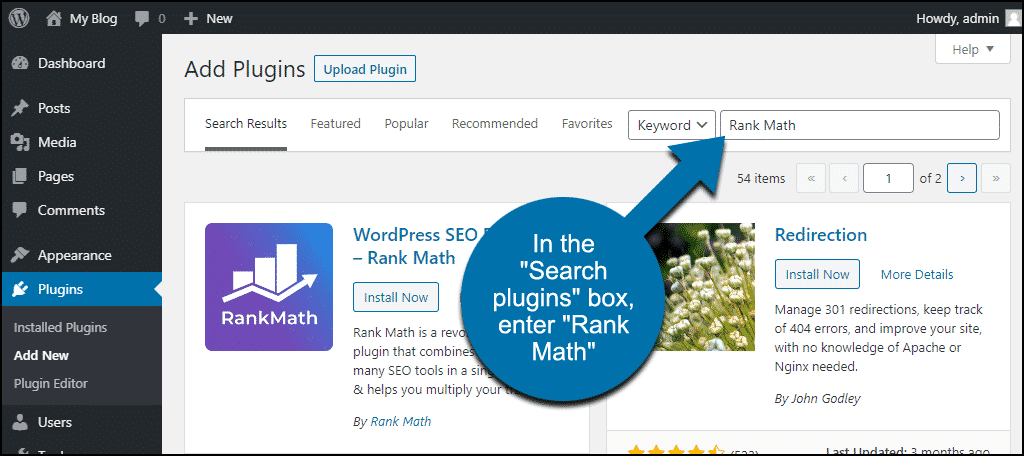 rechercher le plugin WordPress Rank Math