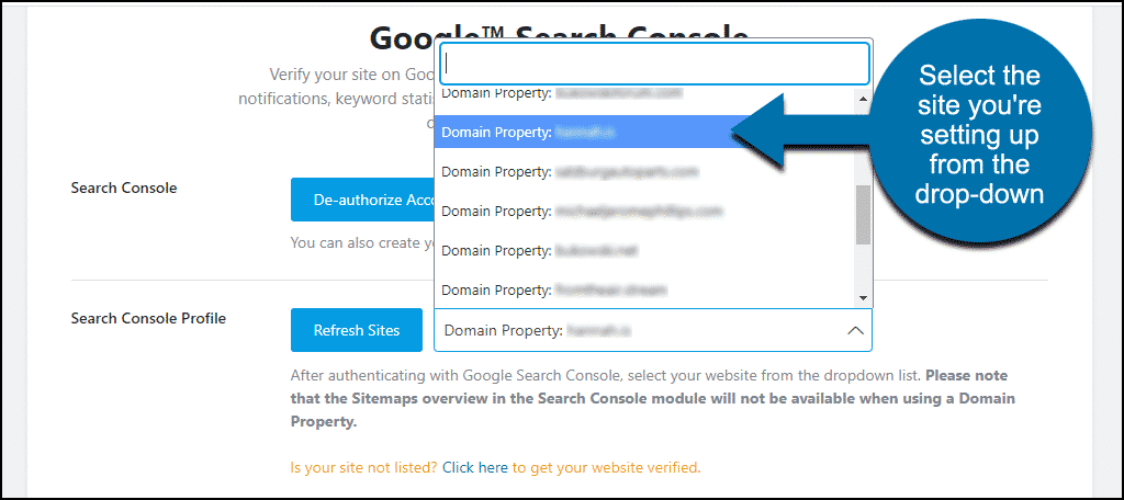 Le plugin Rank Math SEO WordPress sélectionnez le site dans la liste déroulante