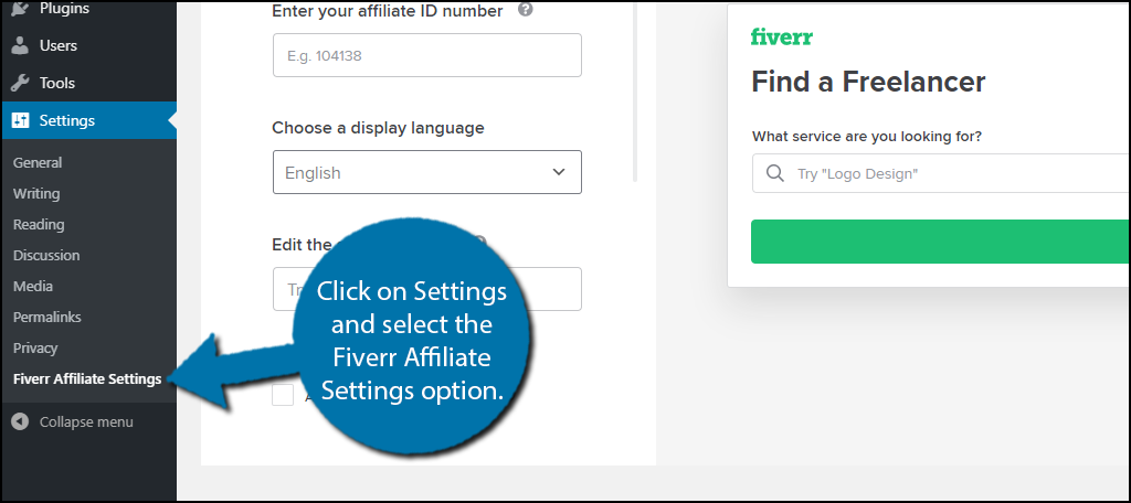 Fiverr Afilliate Settings