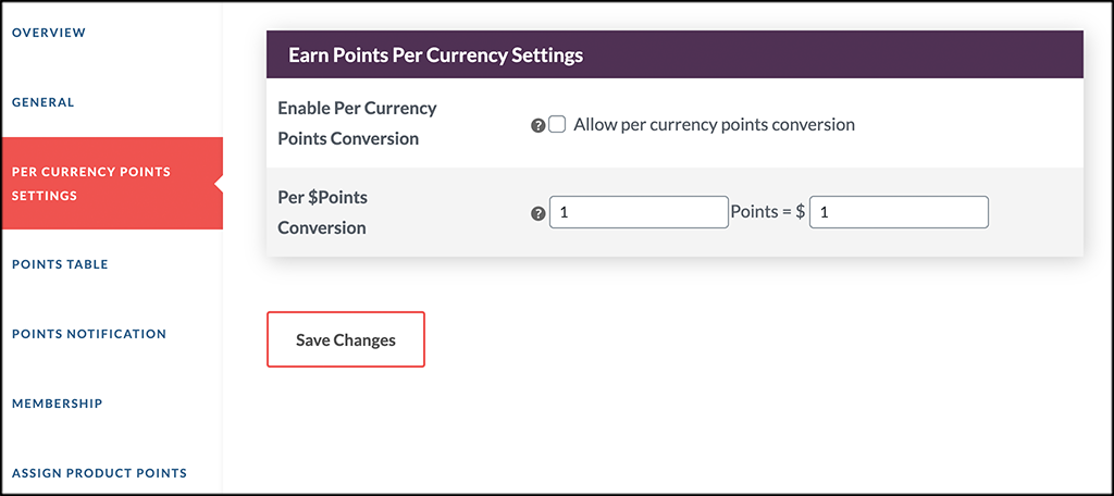 Per currency point settings