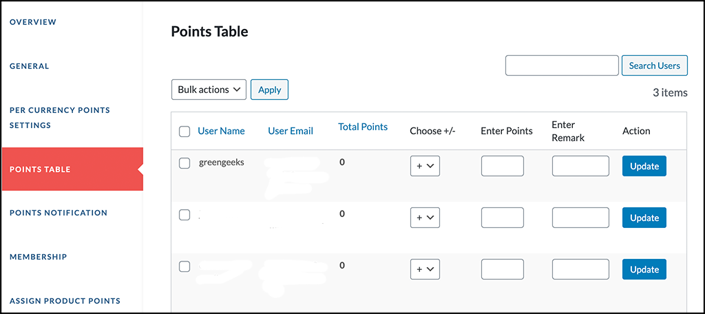 Points table tab