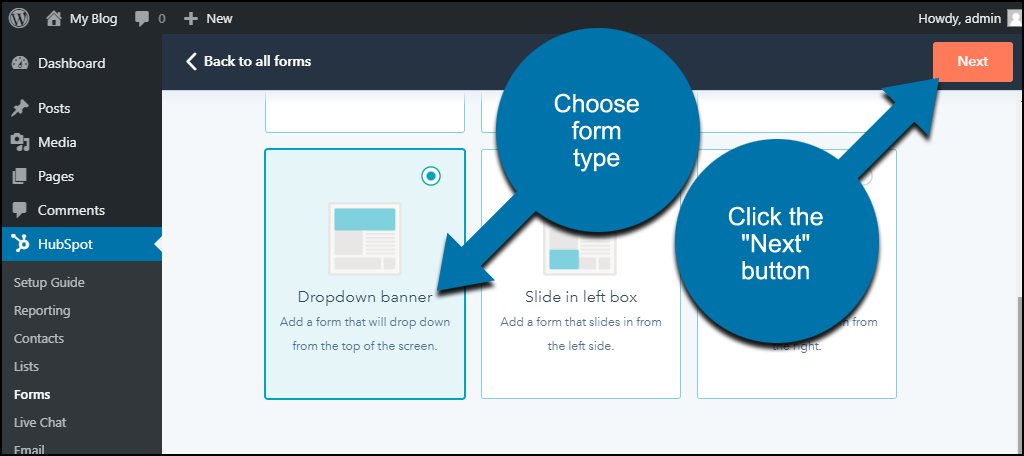HubSpot CRM WordPress plugin choose form, click the "Next" button