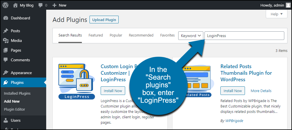 search for the WordPress LoginPress plugin