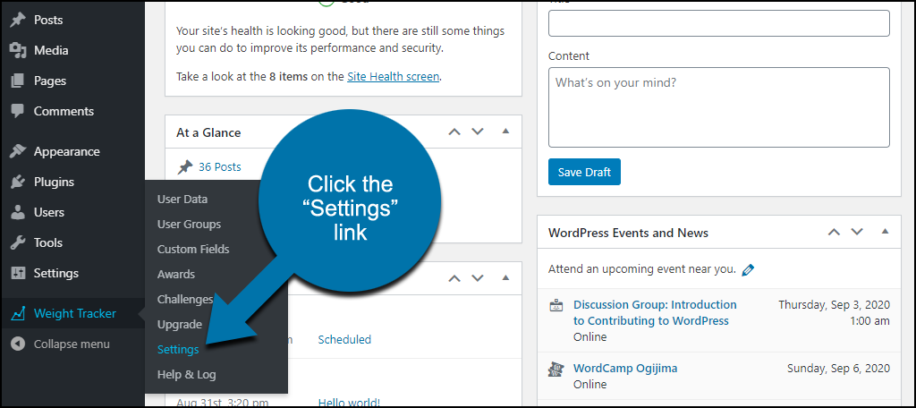 Weight Tracker WordPress plugin click the "Settings" link