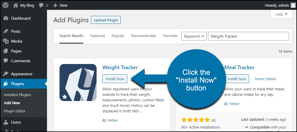 click to install the WordPress Weight Tracker plugin