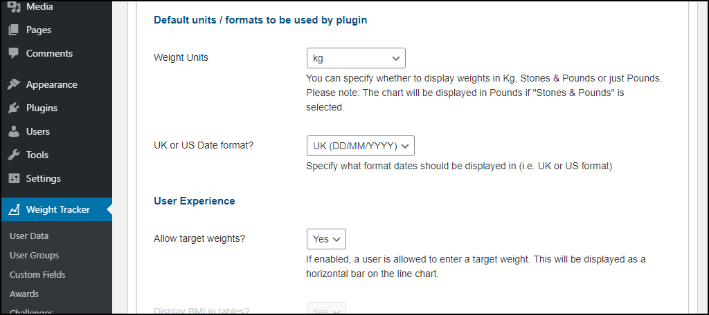 Weight Tracker WordPress plugin "Default units/formats" section