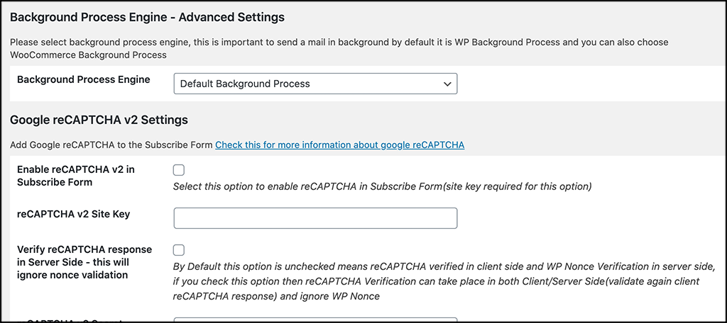 Background and recaptcha settings