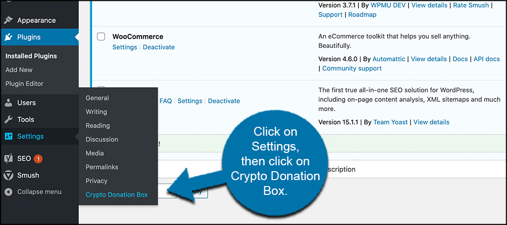 Click on settings then on crypto donation box