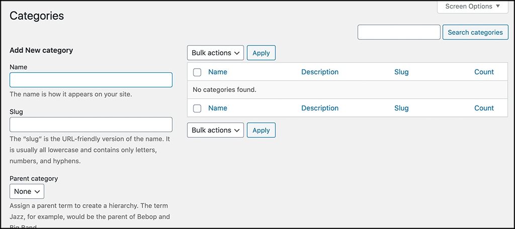 Categories page