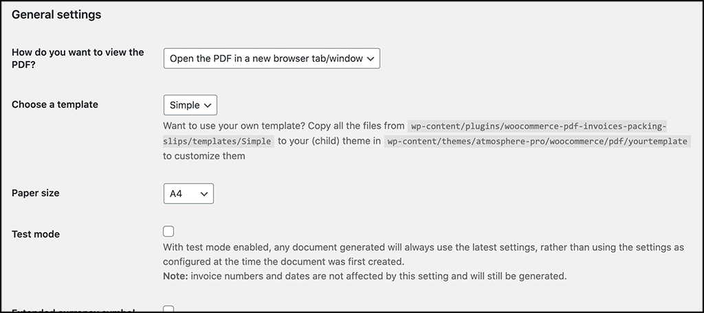 General settings for invoice PDF plugin