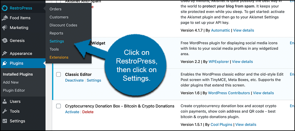 Click on restropress then on settings