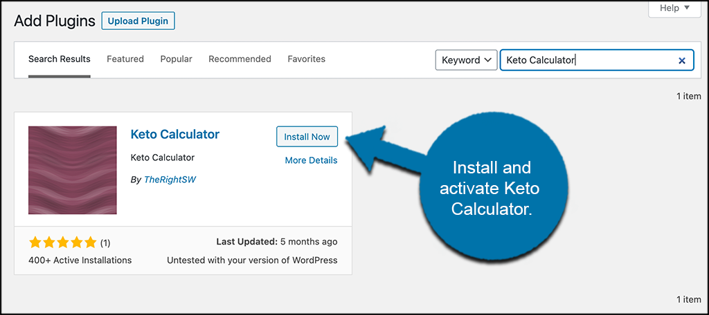 Install and activate keto calculator plugin