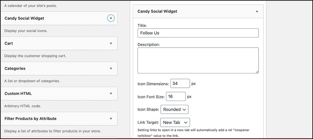 Select Candy Social Widget settings