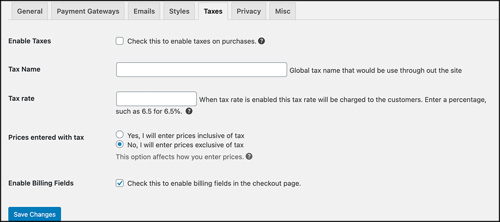 Taxes Tab