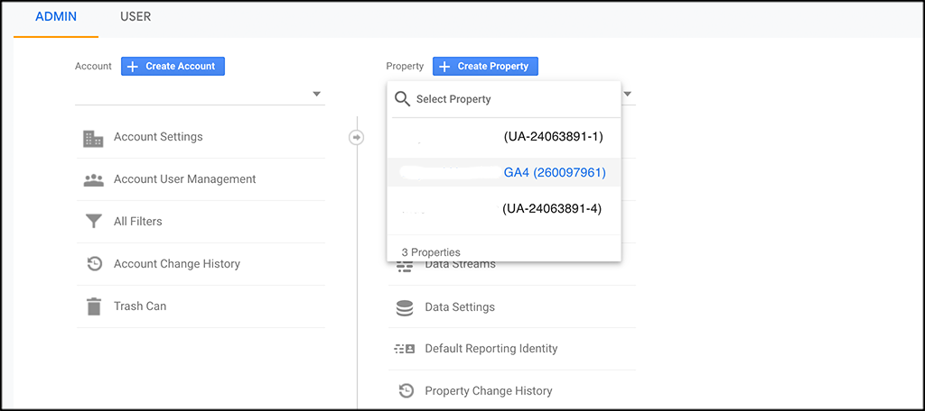 Select google analytics 4 property from dropdown