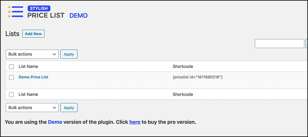 Copy the Stylish Price List shortcode