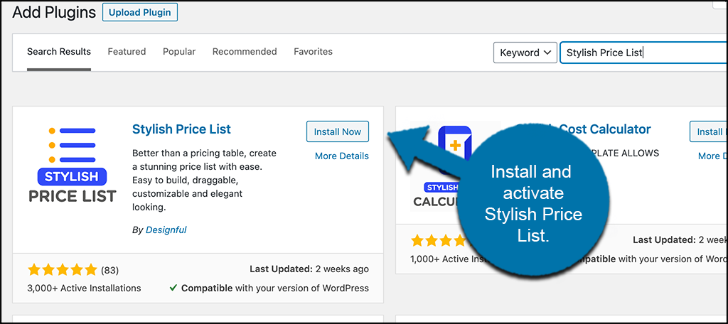 Install and activate Stylish Price List 