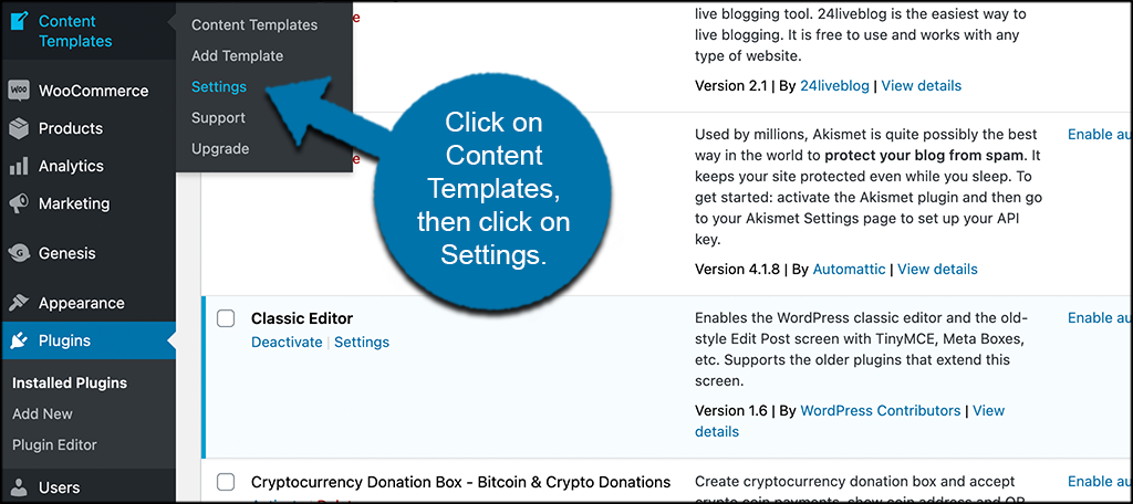 Click on content templates then settings