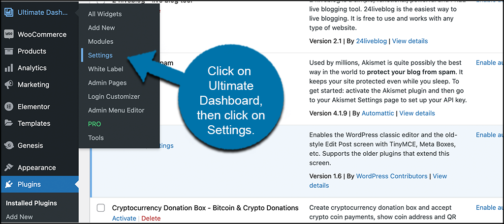 Click on ultimate dashboard then settings