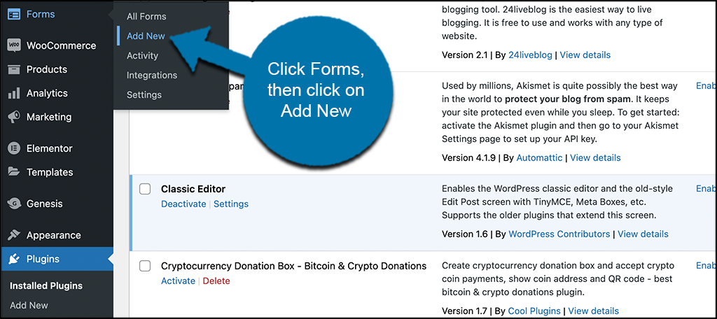 Click forms then add new