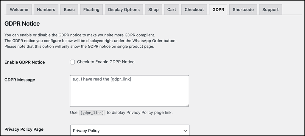 GDPR tab for OneClick