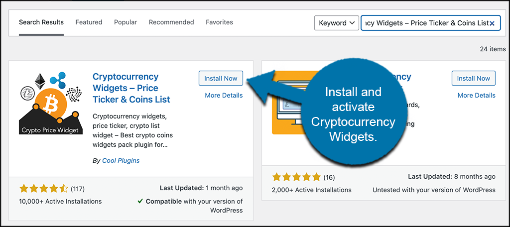 Install and activate cryptocurrency widgets plugin