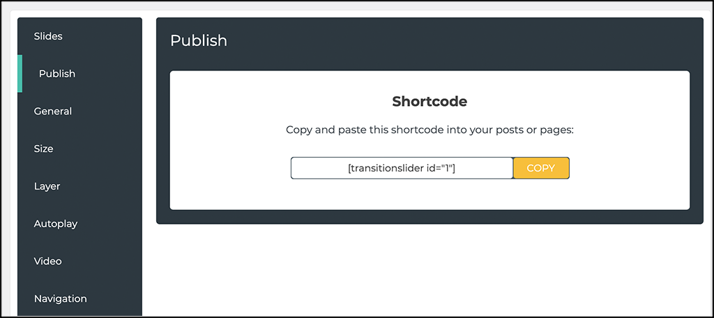Publish the slider with shortcode