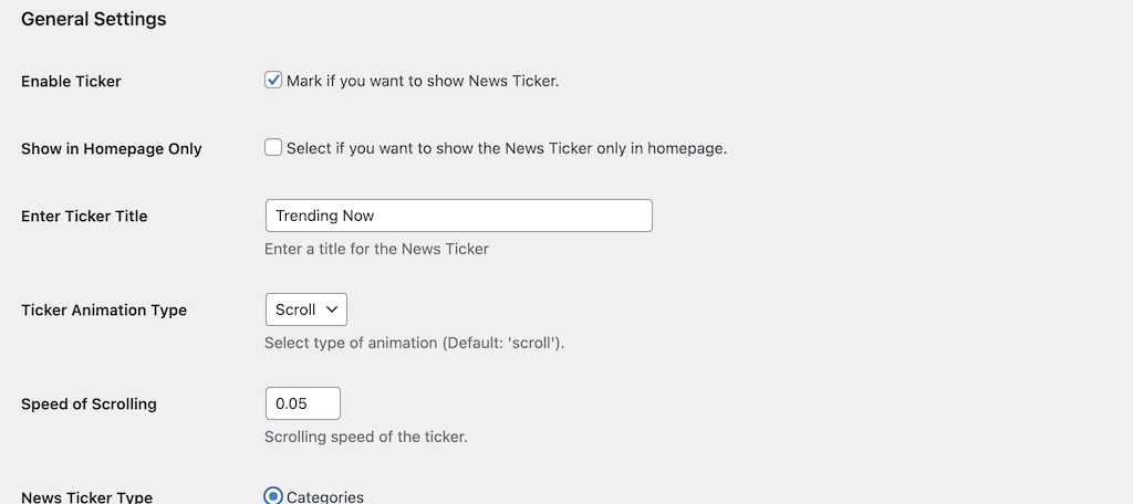 General settings for T4b News Ticker plugin