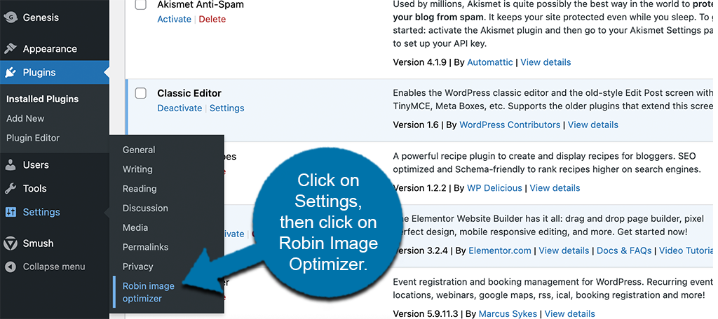Fare clic su Impostazioni fare clic su Robin Image Optimizer