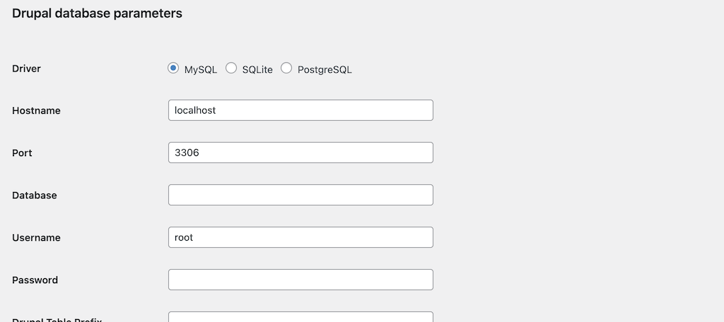 Parametri del database Drupal