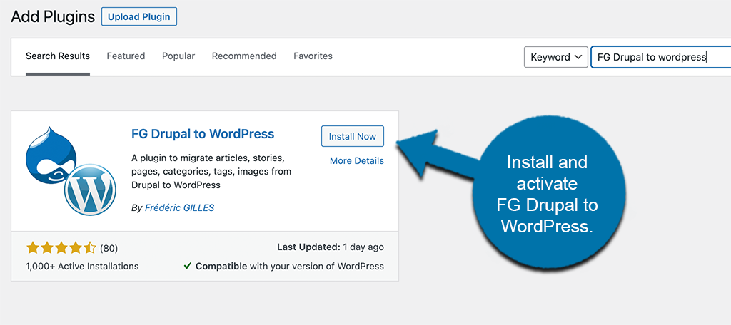 INstall and activate FG Drupal to WordPress plugin