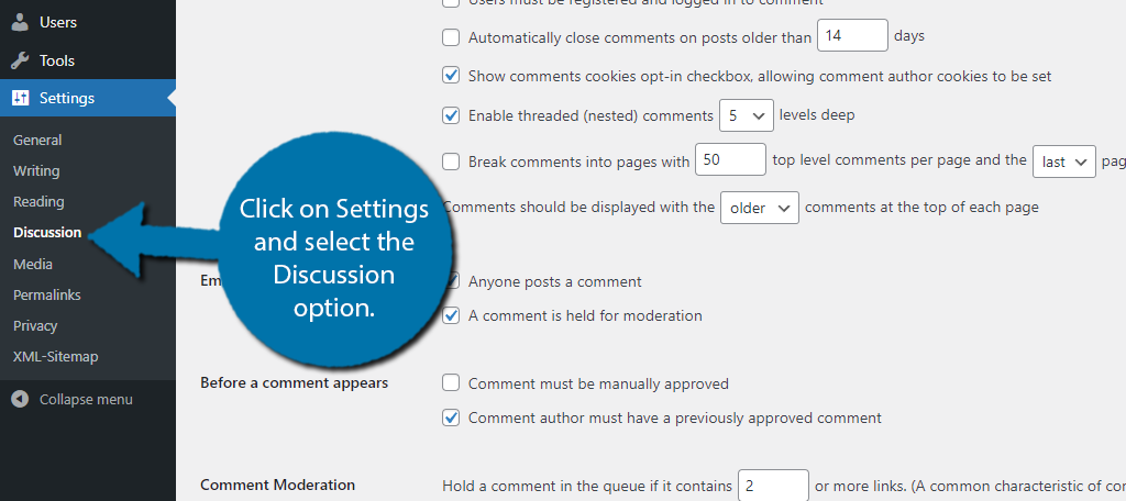 Click on Discussion settings to add a GDPR compliant checkbox to your comments section