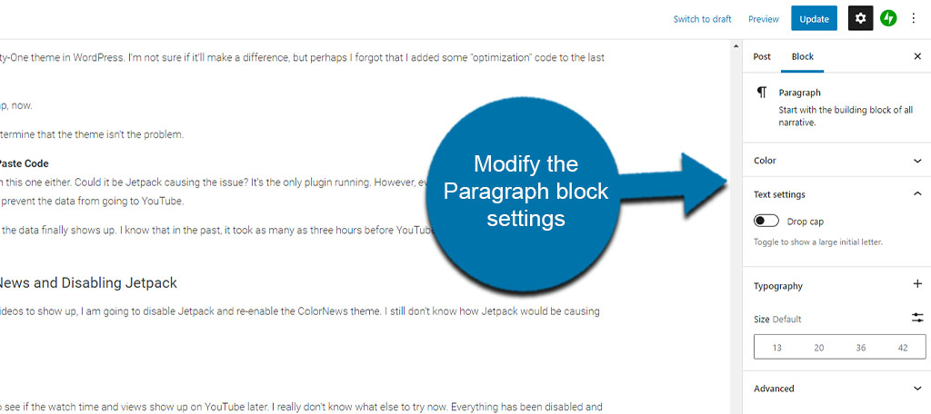 Paragraph Block Settings