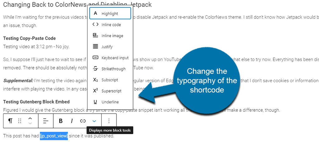 Modifica della tipografia dello shortcode