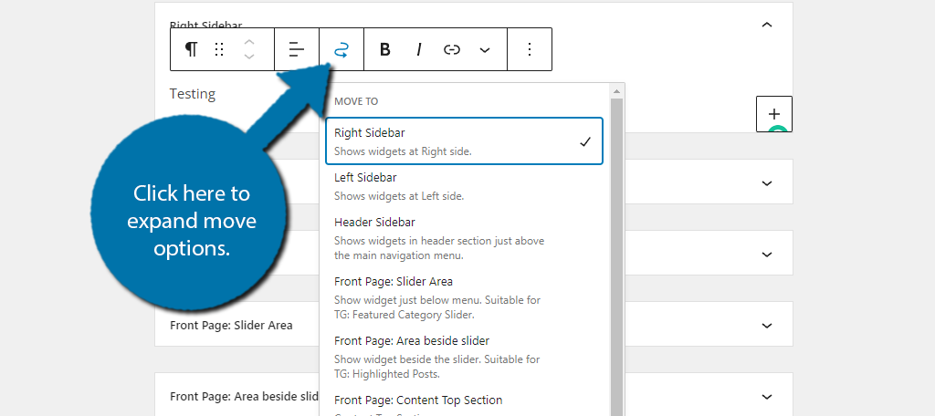 Click on the bending arrow for move options.