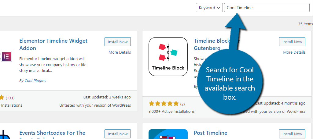 Search for the Cool Timeline Plugin on Your WordPress Website