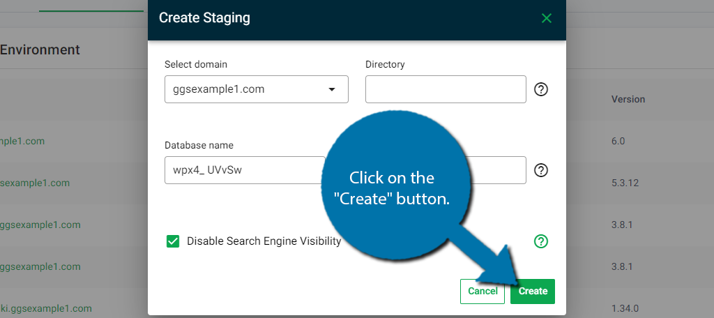 Click on create to make a staging site in WordPress